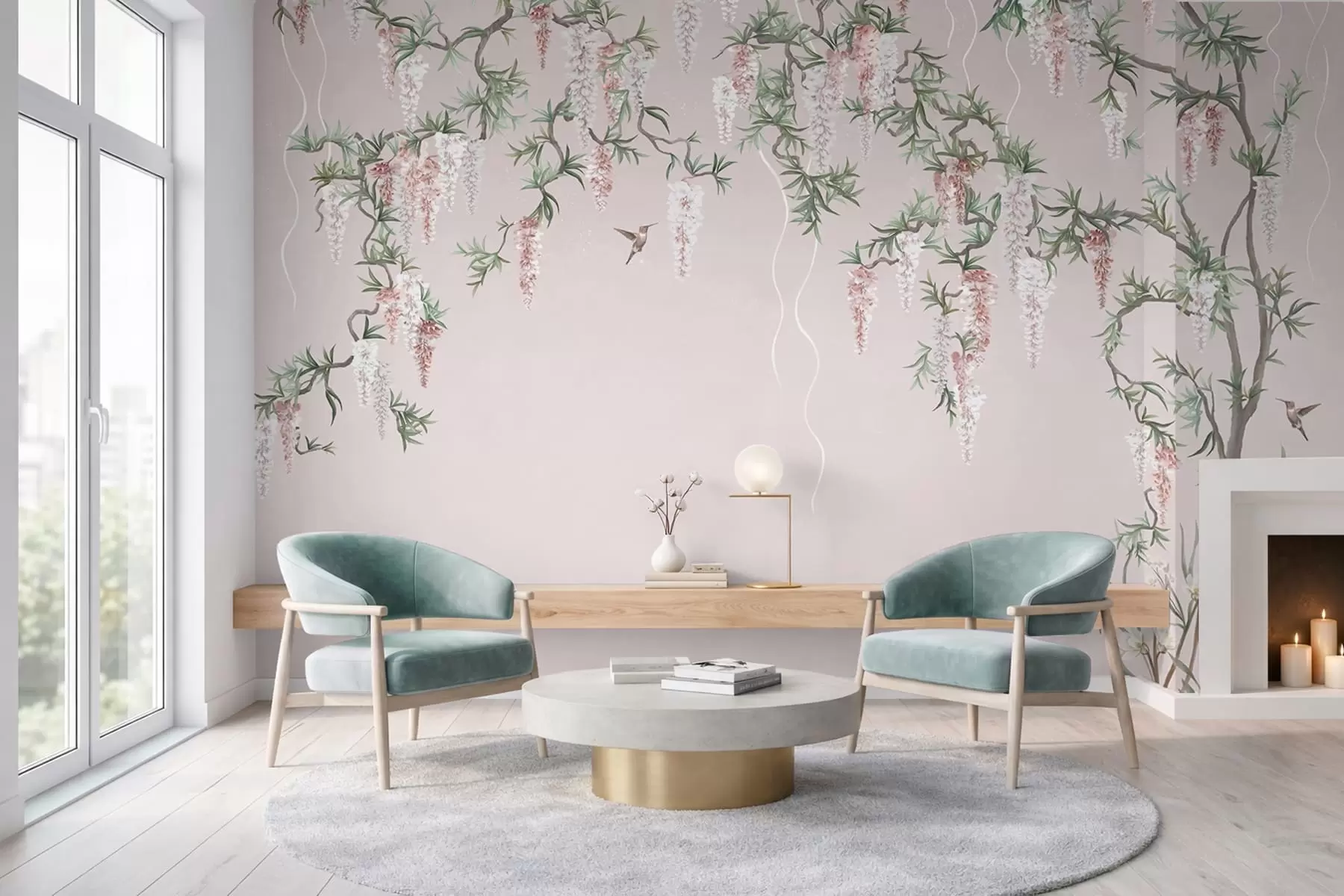 Fototapet Blommande grenar med rosa blommor och fåglar w05394v1