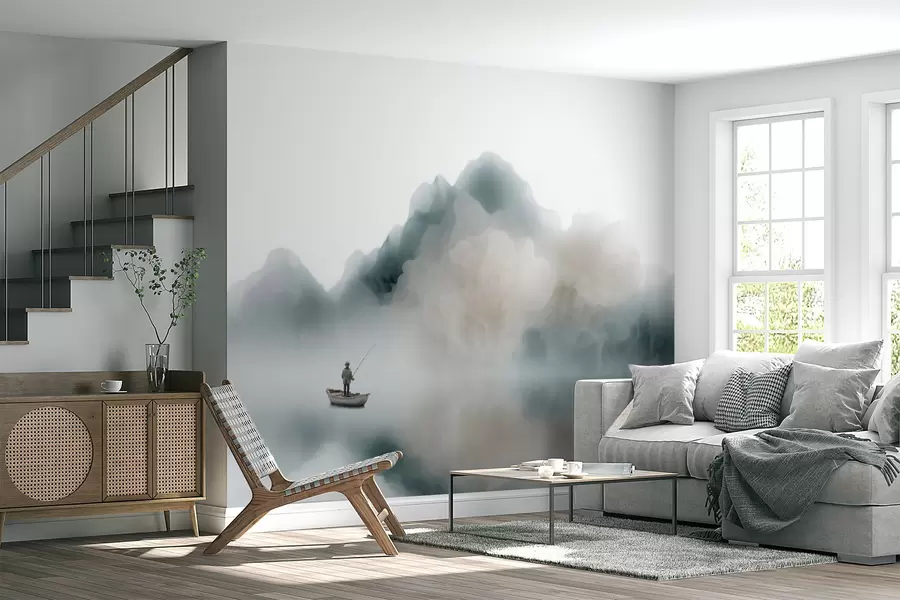 Fototapet Bergslandskap med en båt och en fiskare som tonar bort i en mjuk dimma w09678