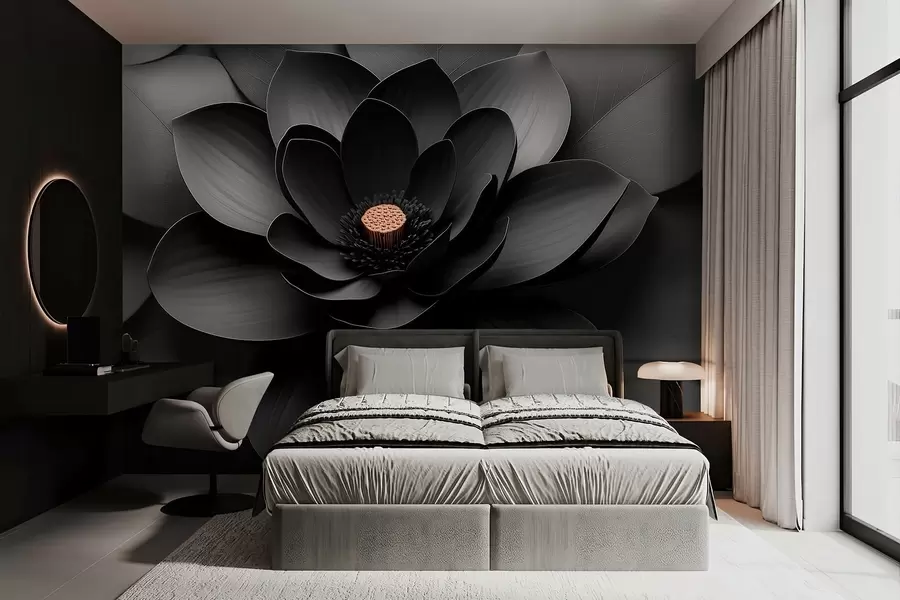 Fototapet En minimalistisk svart blomma med kronblad och en kontrasterande varm mitt w09721