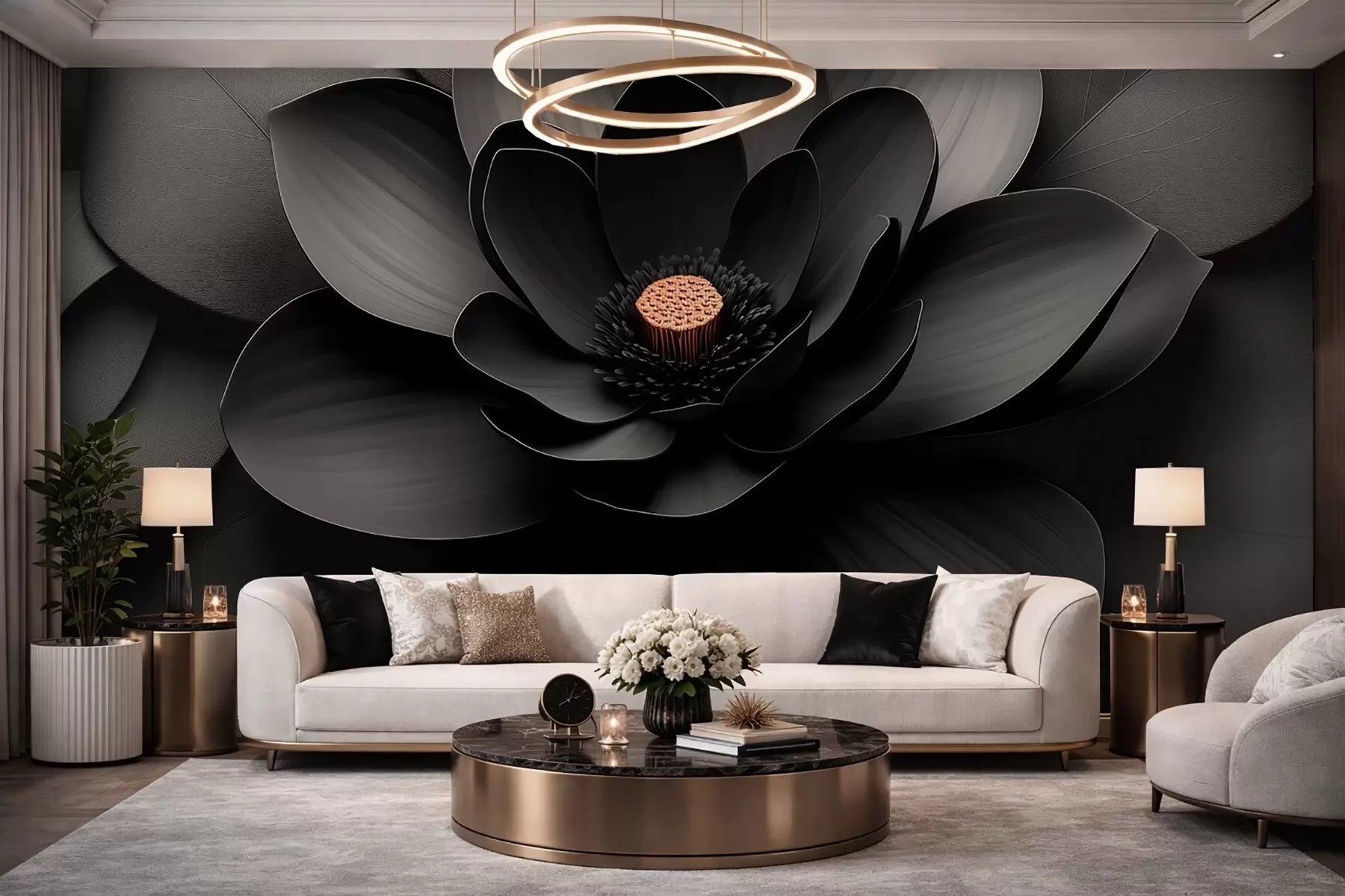 Fototapet En minimalistisk svart blomma med kronblad och en kontrasterande varm mitt w09721
