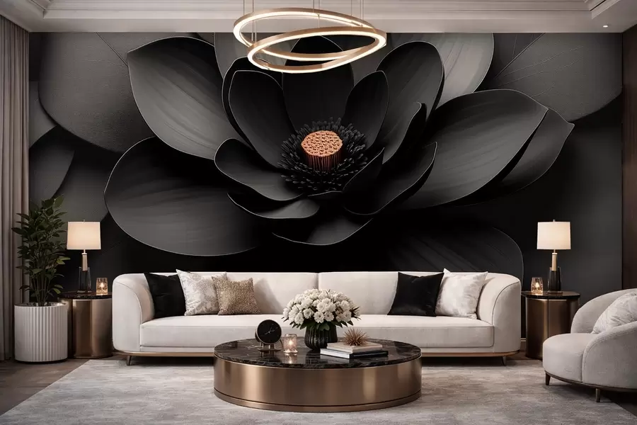 Fototapet En minimalistisk svart blomma med kronblad och en kontrasterande varm mitt w09721