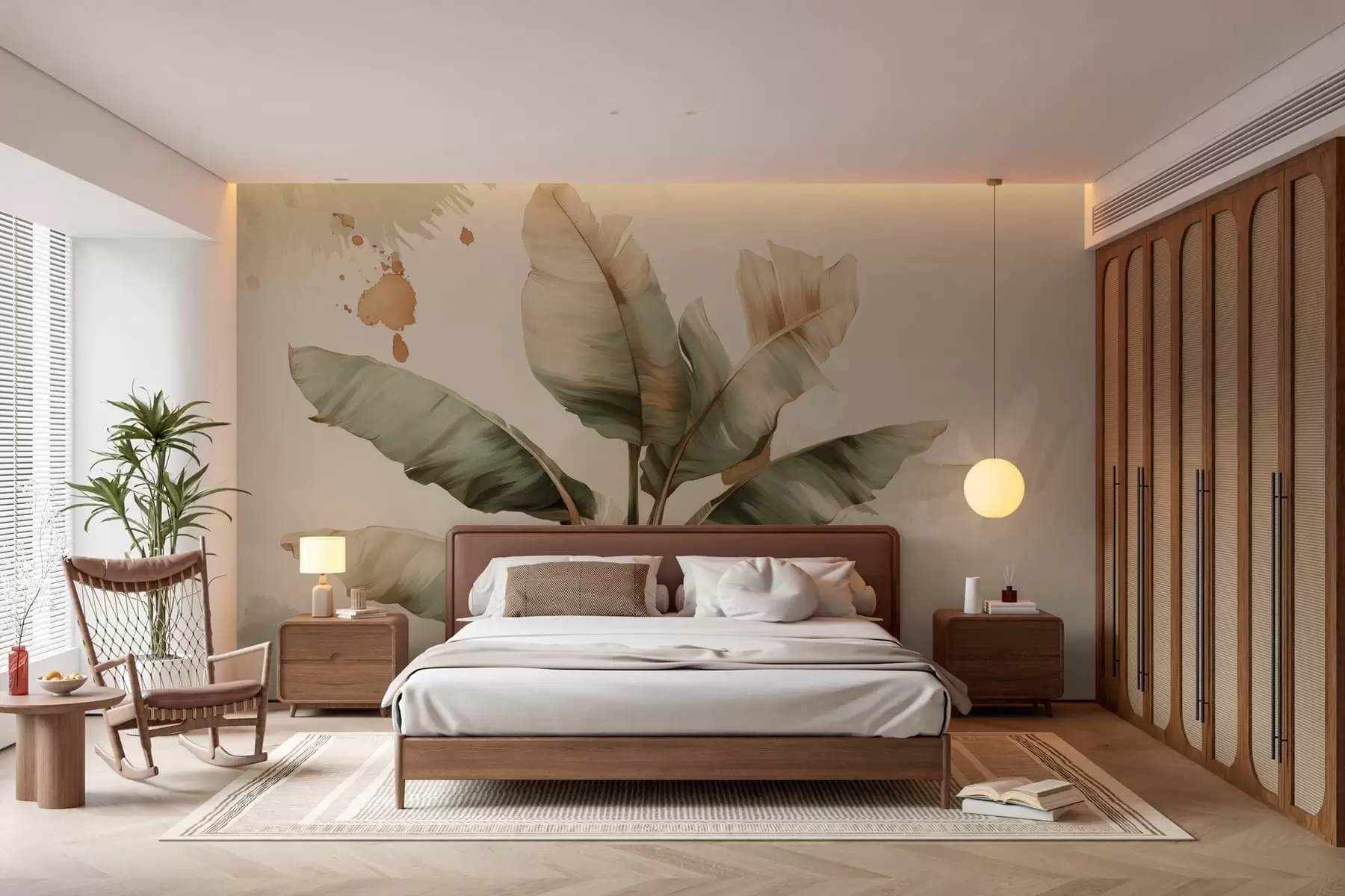 Fototapet en stor, pittoresk klunga av bananblad med stänk i retrostil  w05384