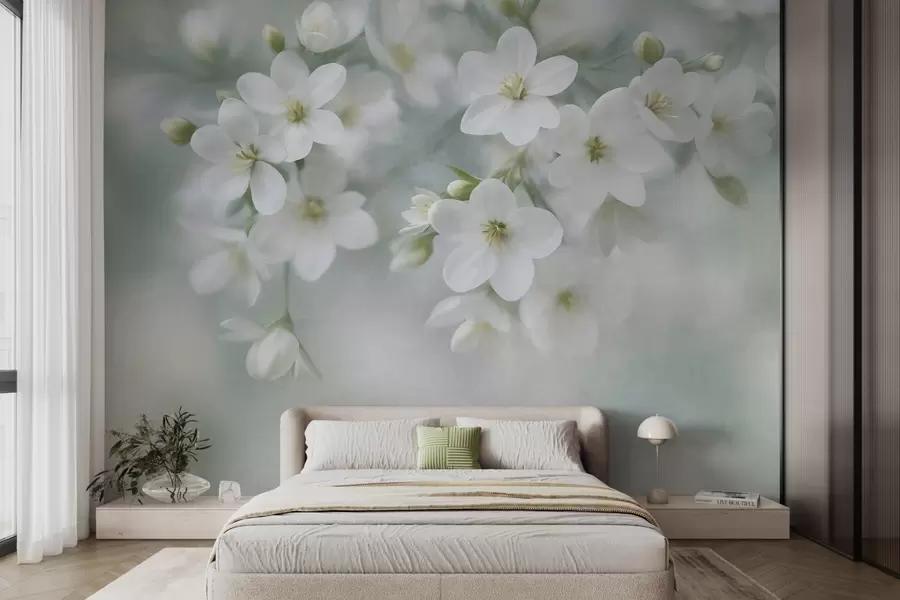 Fototapet Fina, strukturerade vita blommor som är mjukt suddiga i bakgrunden w09759