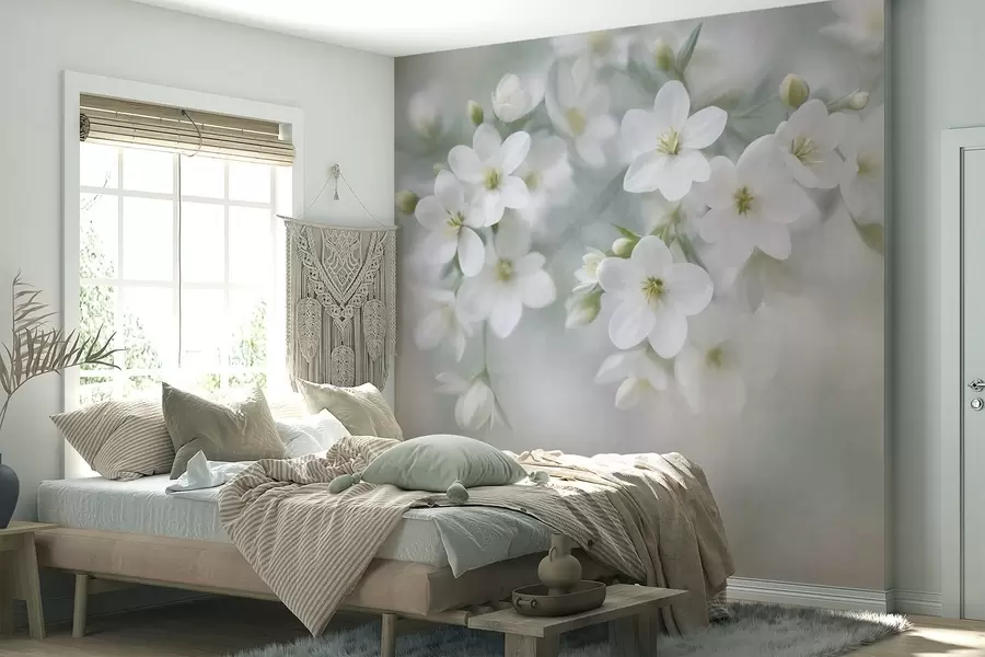Fototapet Fina, strukturerade vita blommor som är mjukt suddiga i bakgrunden w09759