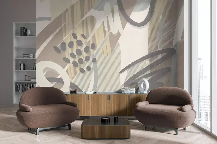 Fototapet Ett abstrakt mönster med organiska former, klotter och prickar i dämpade pastellfärger w09774