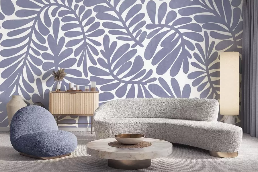 Fototapet Stiliserade ljusblå blad mot en ljus bakgrund, texturerad konst w09775v1