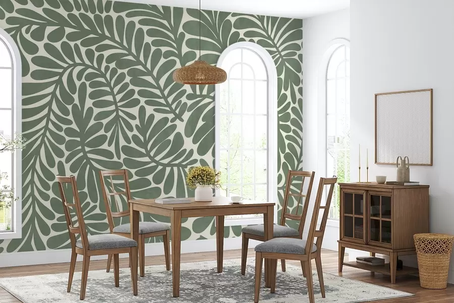 Fototapet Stiliserade gröna blad mot en ljus bakgrund, texturerad konst w09775v2