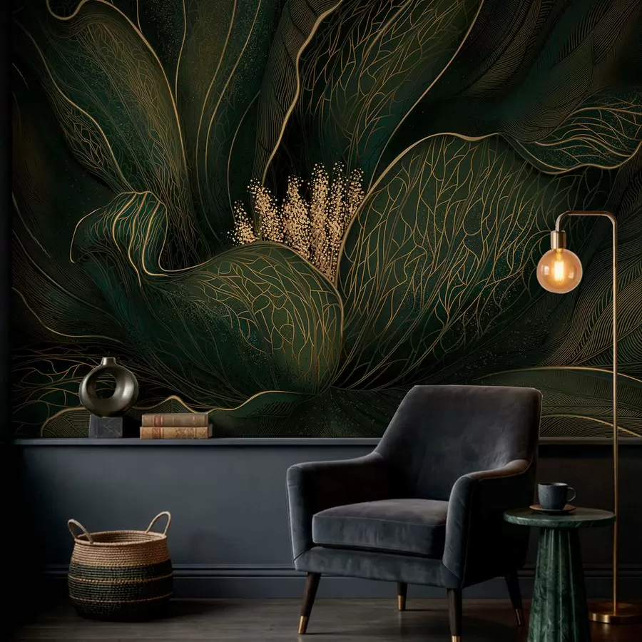 Fototapet Mörkgrön abstrakt blomma med fina linjedetaljer w05119v1