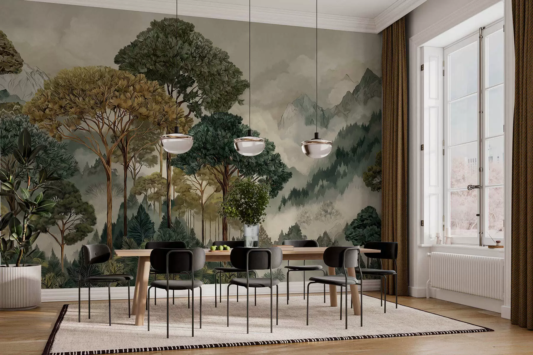 Fototapet Skog med höga träd i dimmiga berg w05410