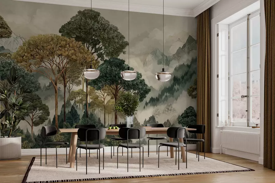 Fototapet Skog med höga träd i dimmiga berg w05410