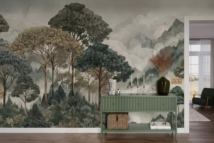 Fototapet Bergslandskap med skog i mjuka färger w05410v1