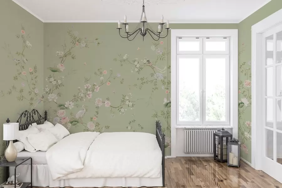 Fototapet Blommande grenar med fåglar på ljusgrönt w05416