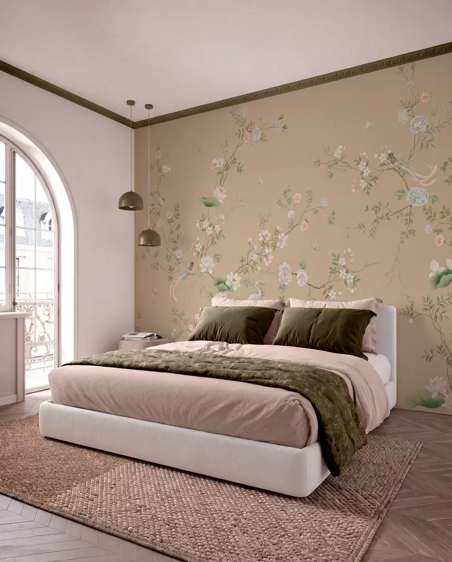 Fototapet Blommande grenar med fåglar på varm beige w05416v2
