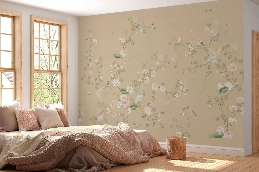 Fototapet Blommande grenar med fåglar på varm beige w05416v2