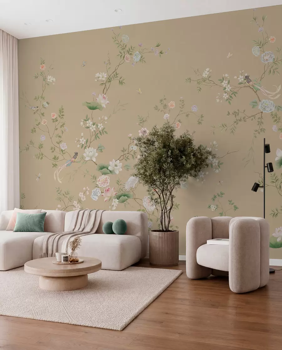 Fototapet Blommande grenar med fåglar på varm beige w05416v2