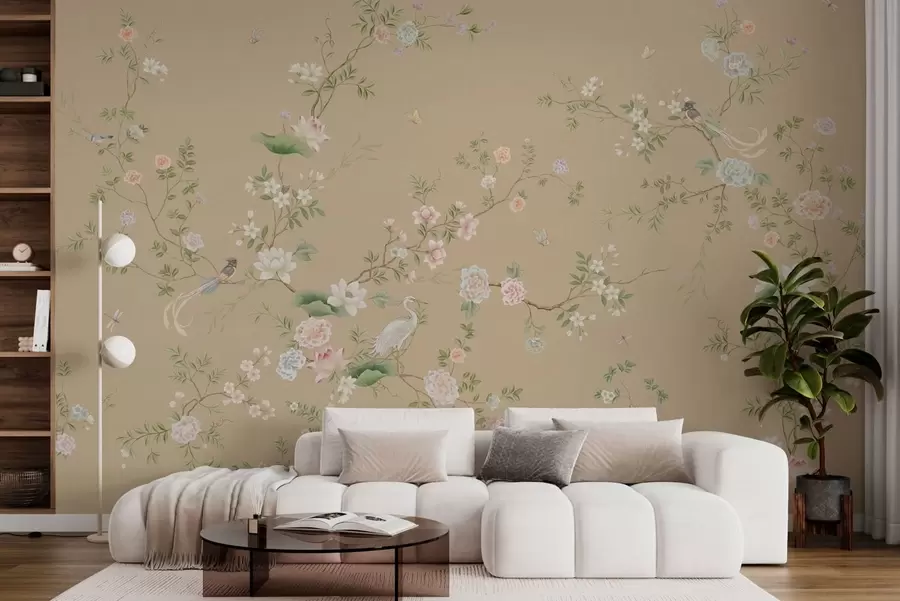 Fototapet Blommande grenar med fåglar på varm beige w05416v2