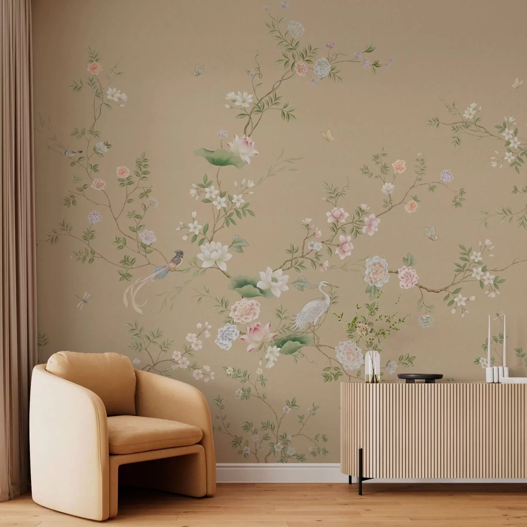 Fototapet Blommande grenar med fåglar på varm beige w05416v2