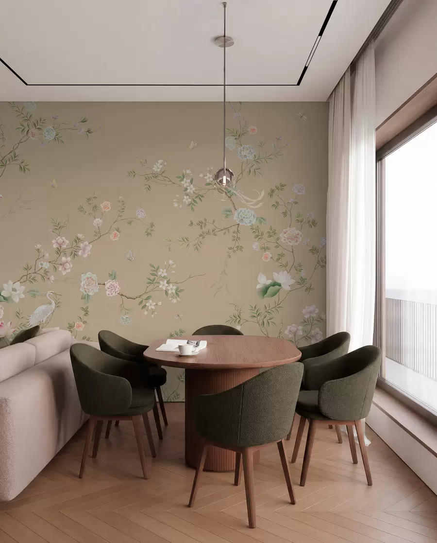 Fototapet Blommande grenar med fåglar på varm beige w05416v2