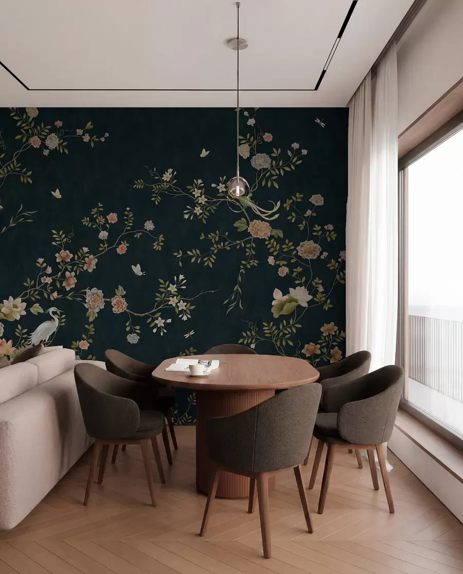 Fototapet Blommande grenar med fåglar mot mörk bakgrund w05416v3