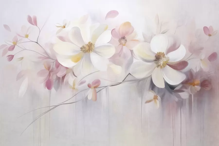 Fototapet Konstverk med vita och rosa blommor med skira kronblad, abstrakt, mjuk bakgrund w09811