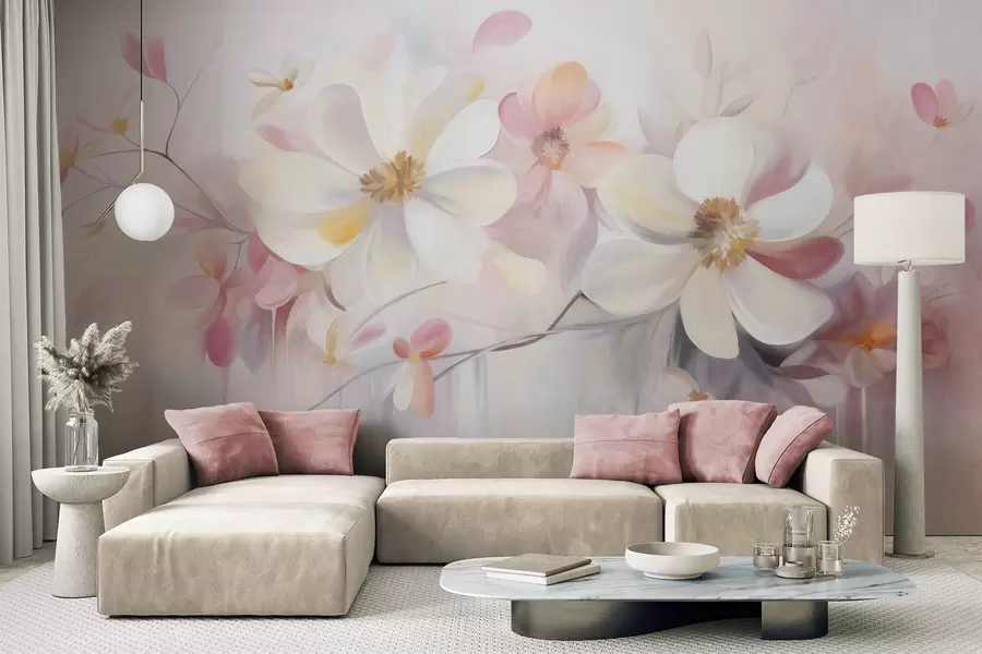Fototapet Konstverk med vita och rosa blommor med skira kronblad, abstrakt, mjuk bakgrund w09811
