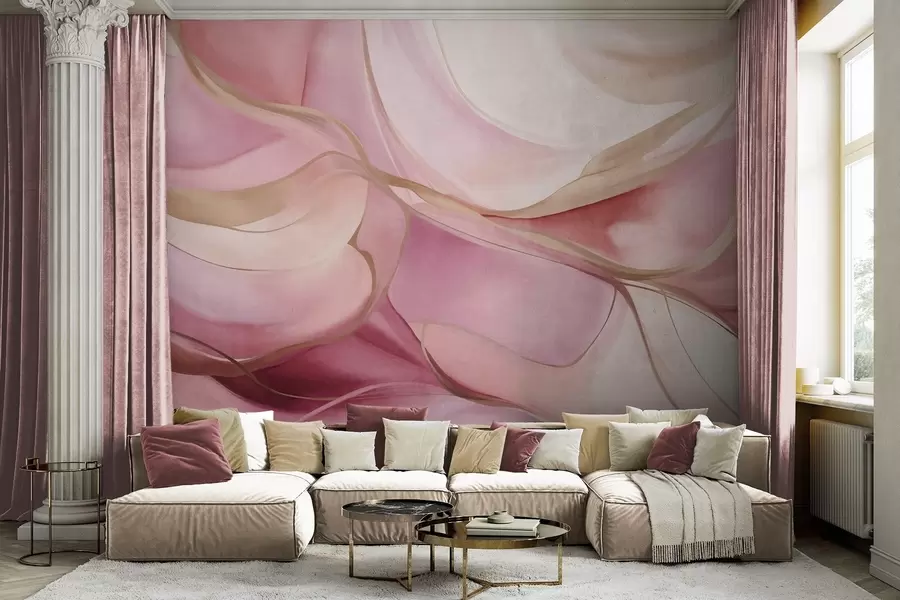 Fototapet Abstrakta, strukturerade, flödande former i nyanser av rosa och beige med fina gula linjer w09818