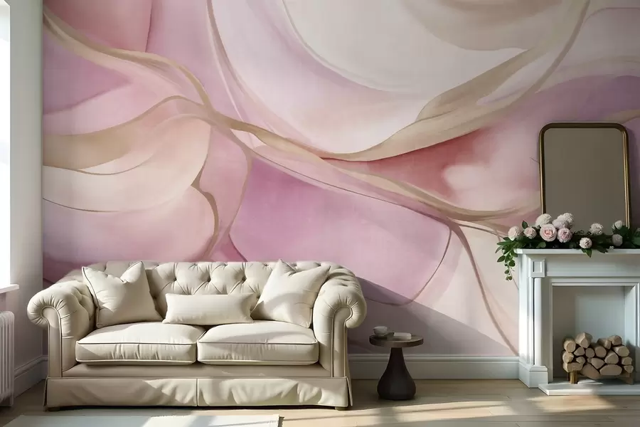 Fototapet Abstrakta, strukturerade, flödande former i nyanser av rosa och beige med fina gula linjer w09818