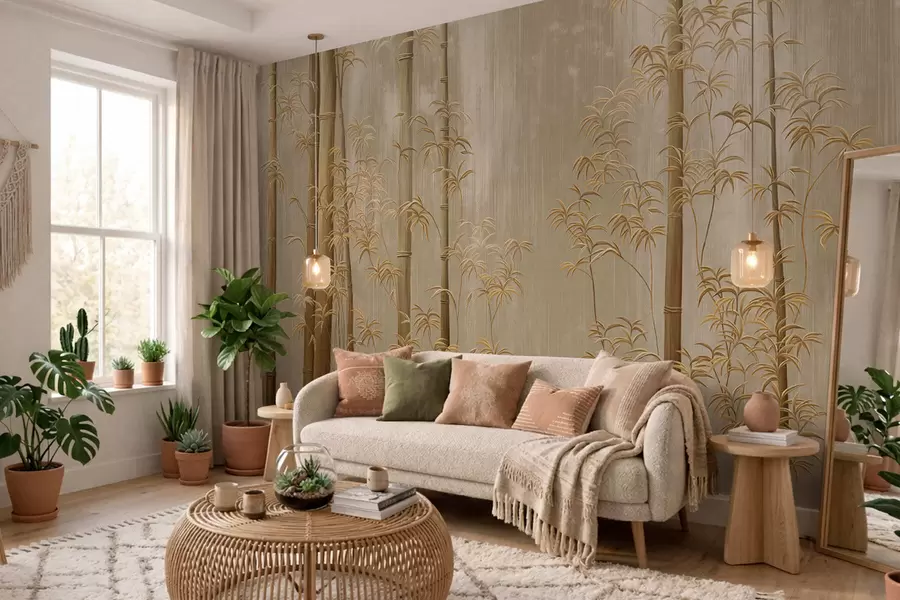 Fototapet Beige bambu med tunna stjälkar w05120v2