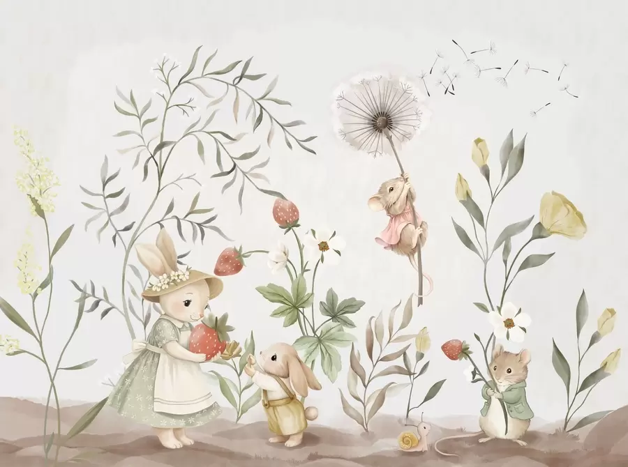 Fototapet Barnillustration av en kanin och en mus bland växter och blommor w05422