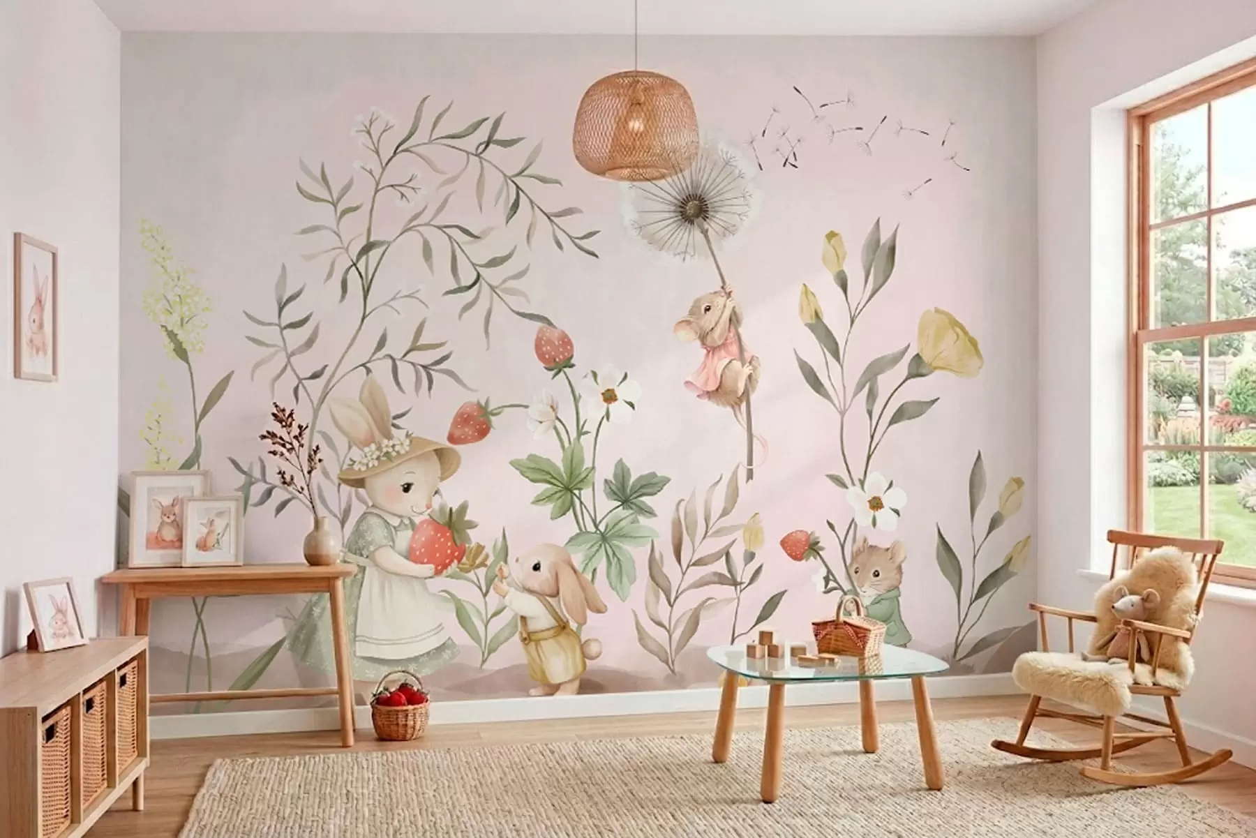Fototapet Illustration av djur med jordgubbar på en ljusrosa bakgrund w05422v1