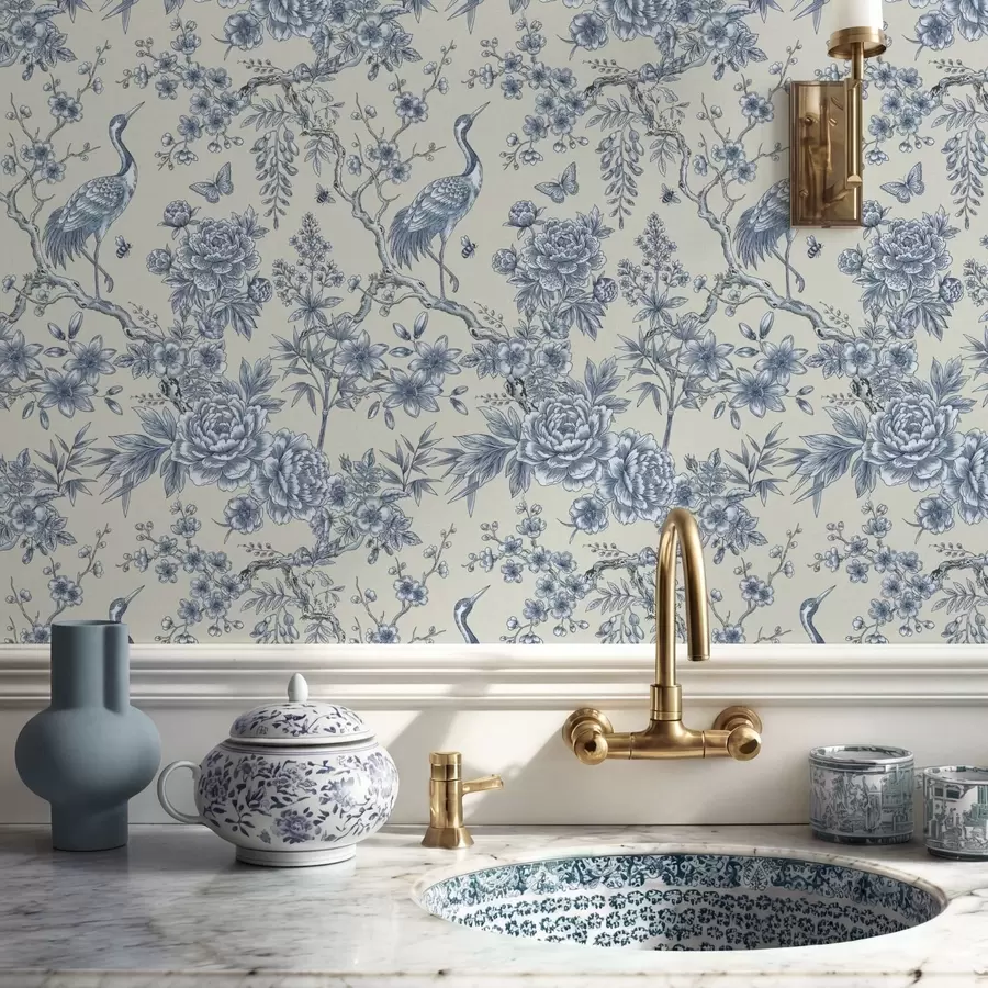 Fototapet Blått blommönster med fågel och grenar a01132