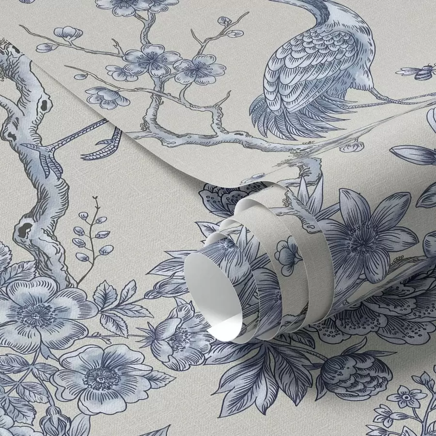 Fototapet Blått blommönster med fågel och grenar a01132