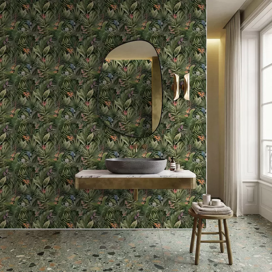 Fototapet Tropiska blad med blommor mot mörk bakgrund a01153