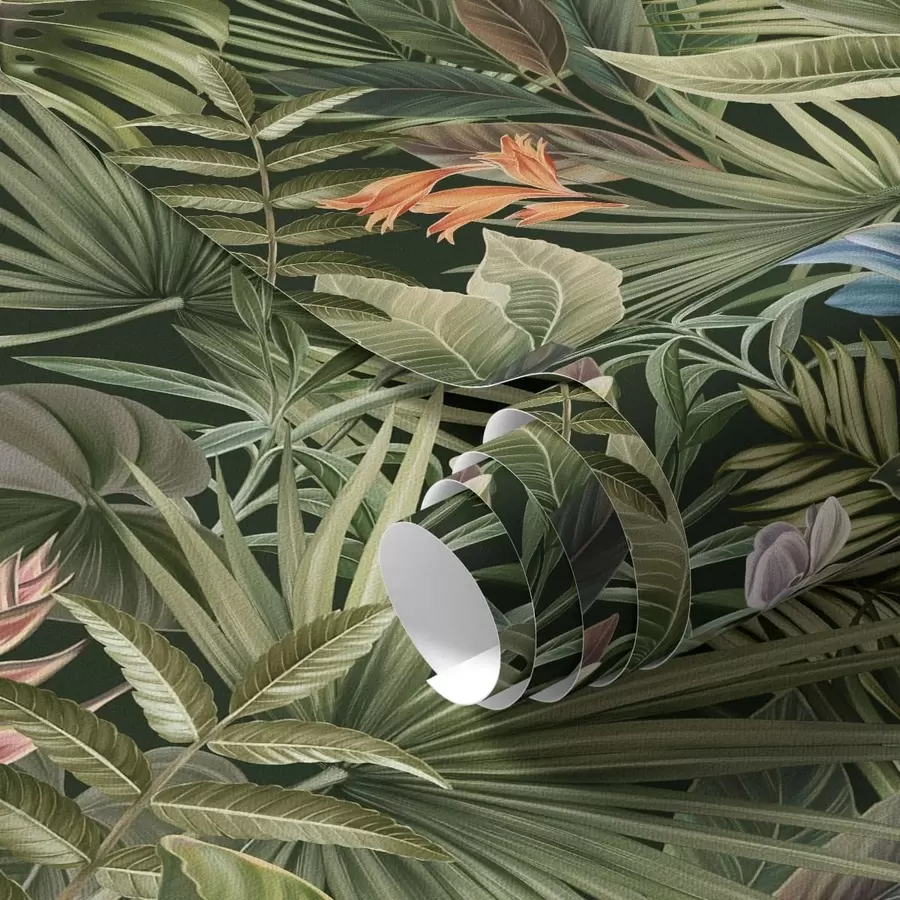 Fototapet Tropiska blad med blommor mot mörk bakgrund a01153