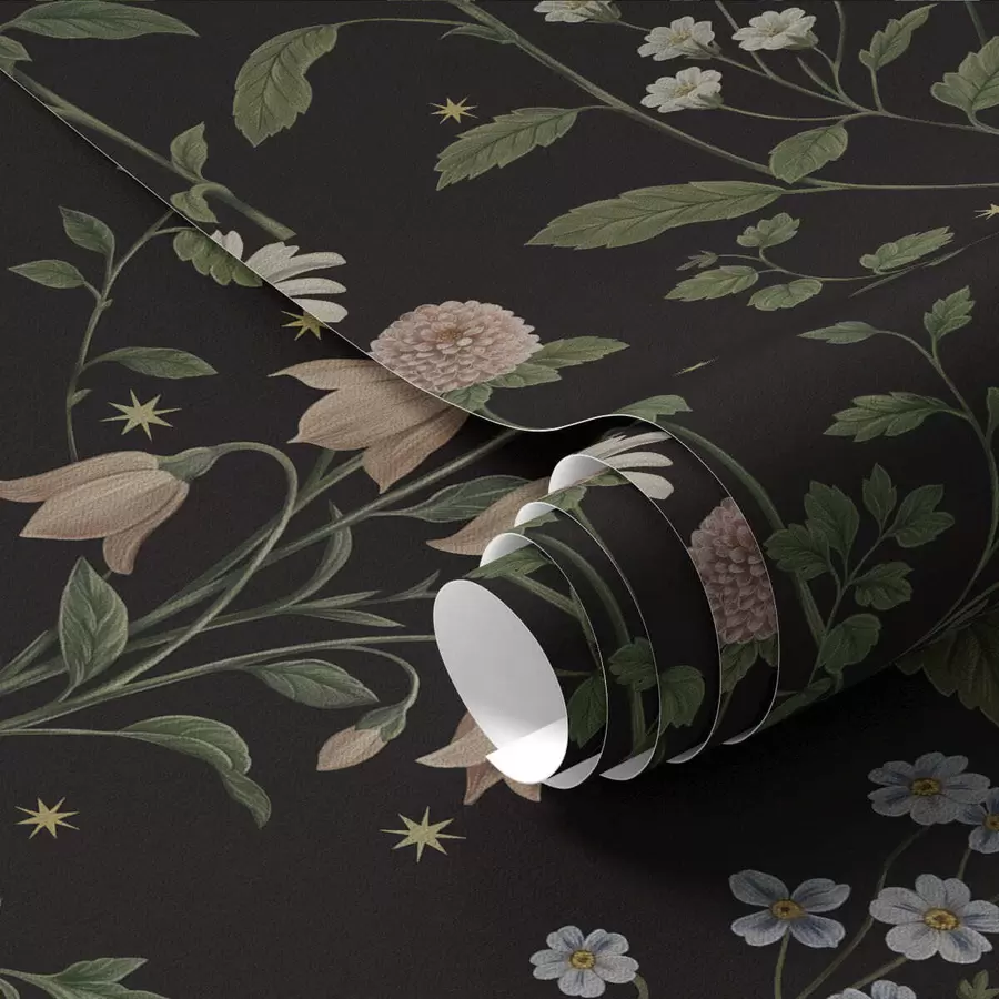 Fototapet Blommönster på svart bakgrund med stjärnor a01160