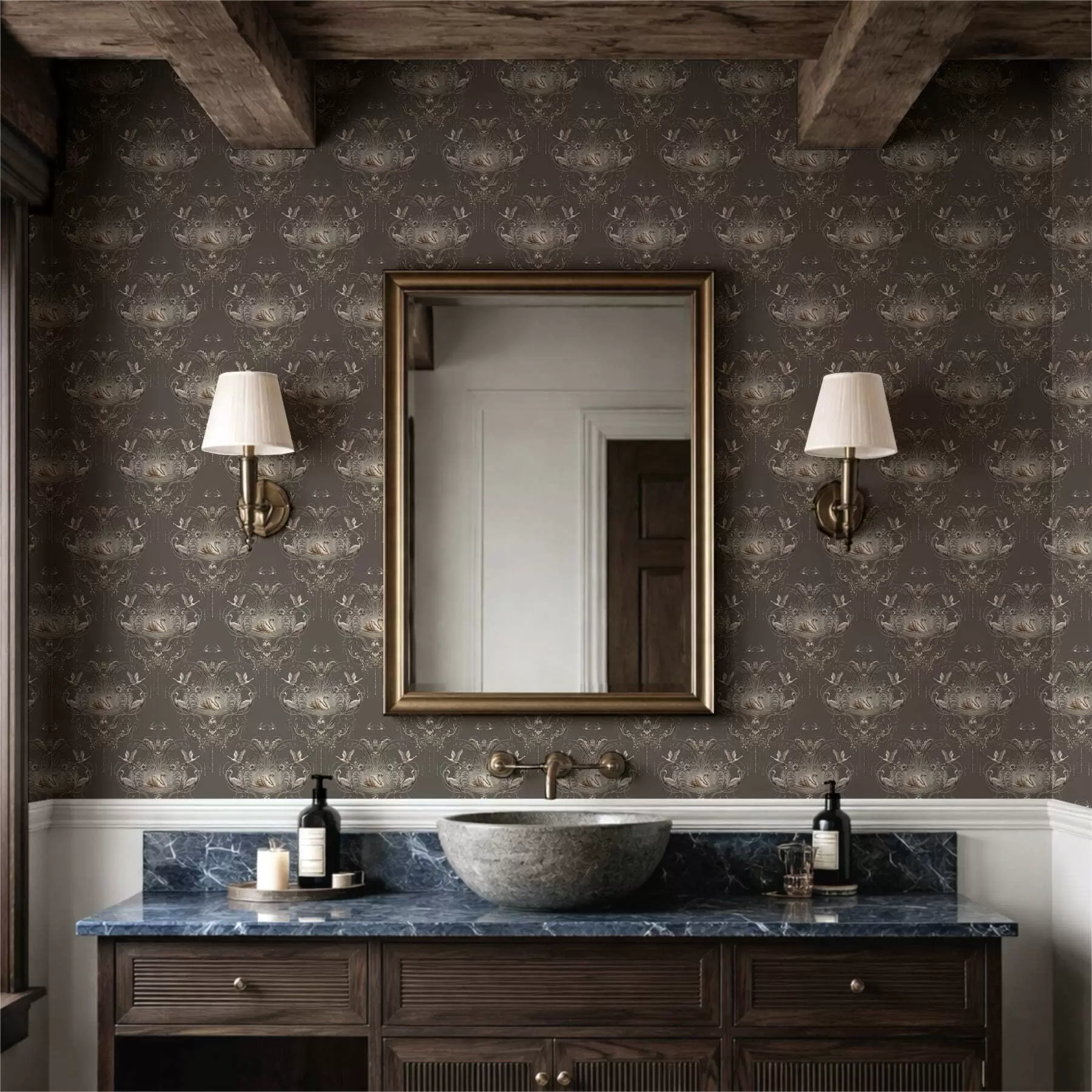 Fototapet Dekoration med svanar och fåglar i klassisk stil a01161