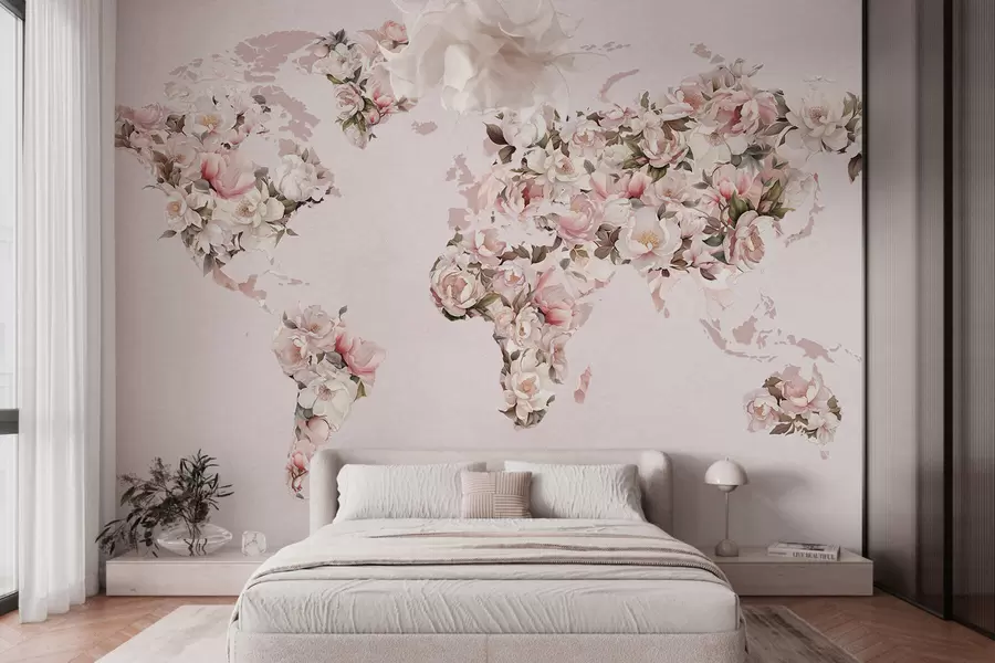 Fototapet En rosa världskarta gjord av stora vita och rosa pioner c00005