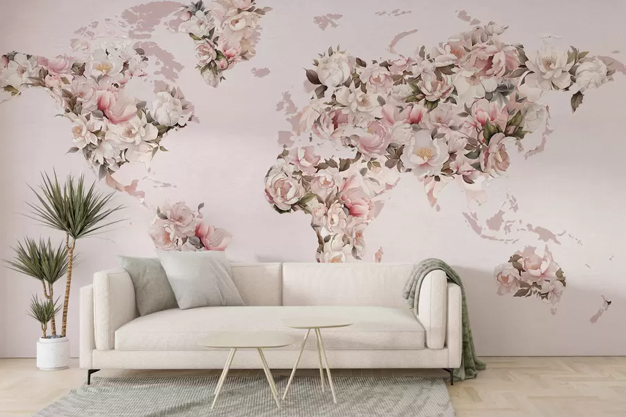 Fototapet En rosa världskarta gjord av stora vita och rosa pioner c00005