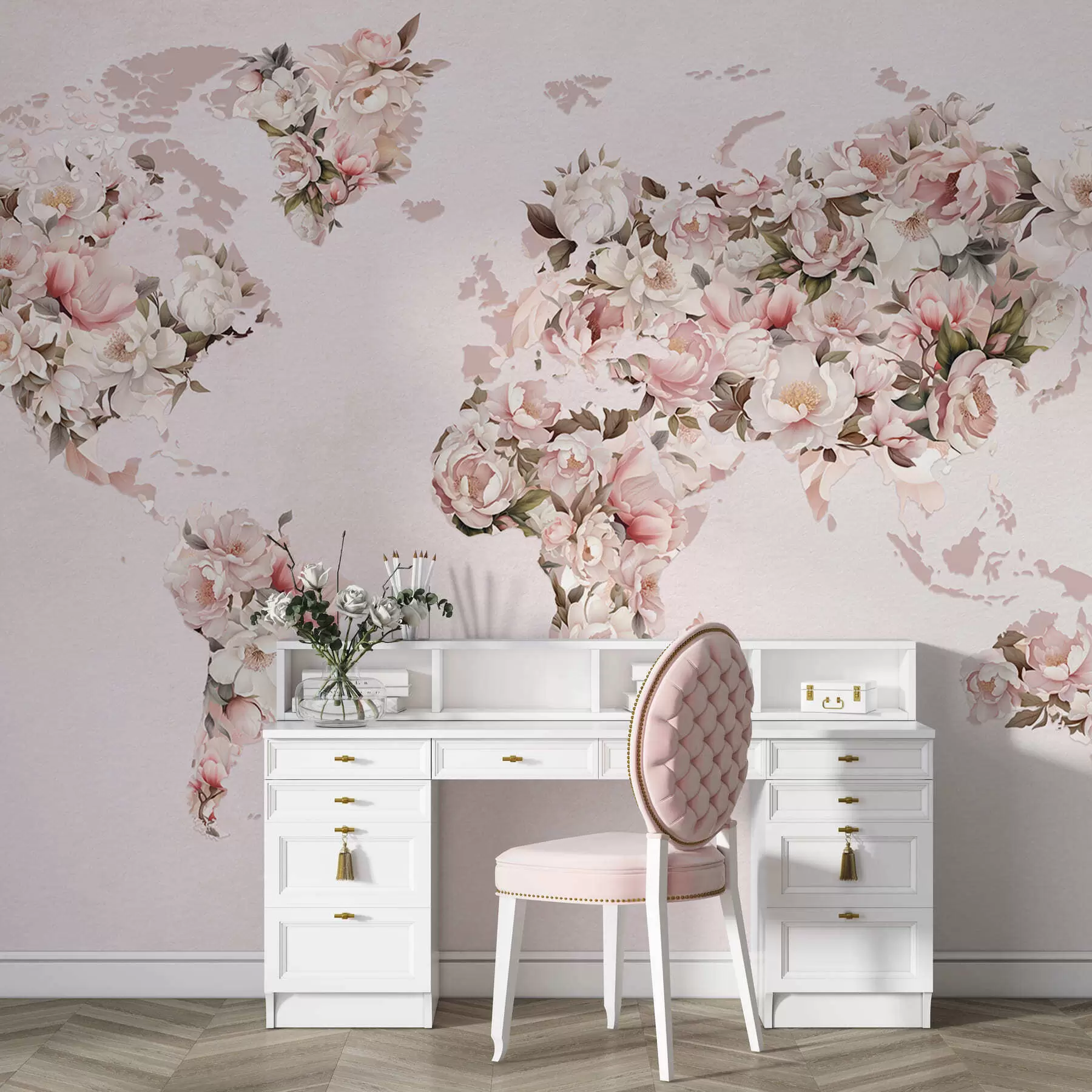 Fototapet En rosa världskarta gjord av stora vita och rosa pioner c00005