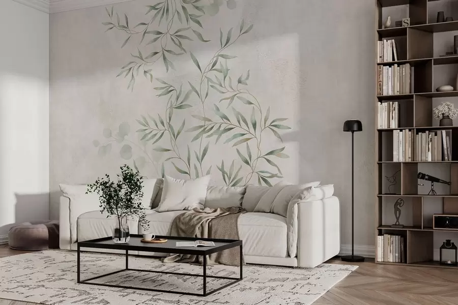 Fototapet Ett fint botaniskt mönster med tunna grenar på ljus bakgrund w05424