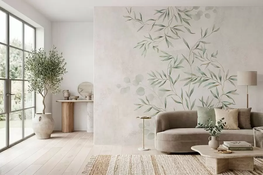 Fototapet Ett fint botaniskt mönster med tunna grenar på ljus bakgrund w05424