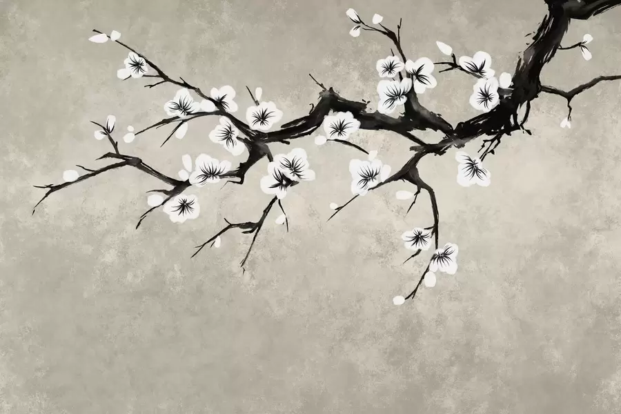 Fototapet En gren med vita blommor i minimalistisk stil w05425