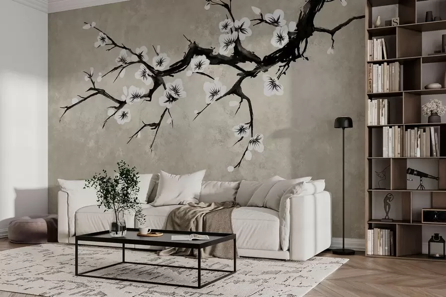 Fototapet En gren med vita blommor i minimalistisk stil w05425