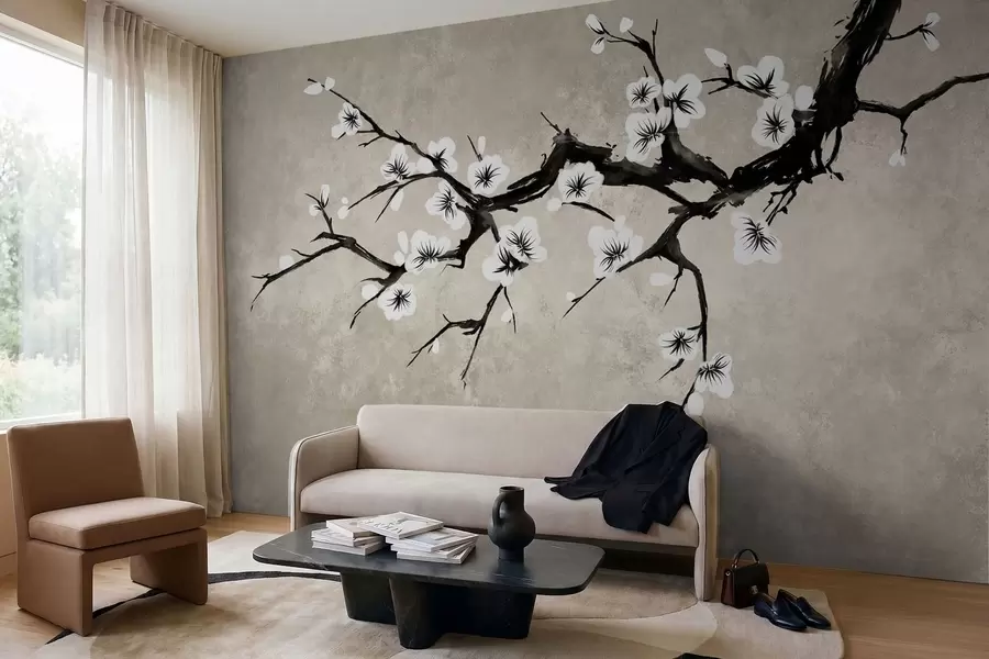 Fototapet En gren med vita blommor i minimalistisk stil w05425