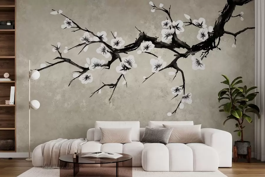 Fototapet En gren med vita blommor i minimalistisk stil w05425