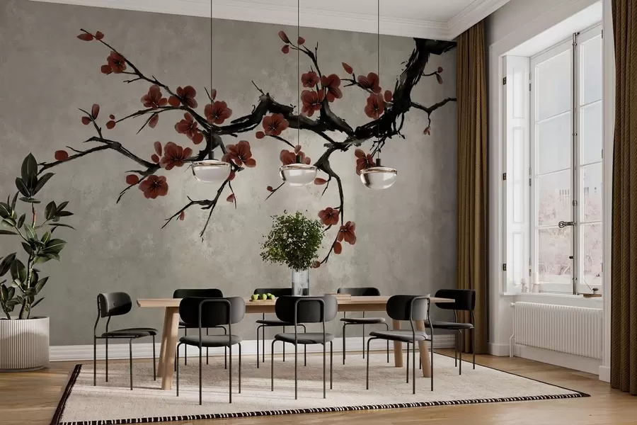 Fototapet Gren med mörkröda blommor mot en neutral bakgrund w05425v1