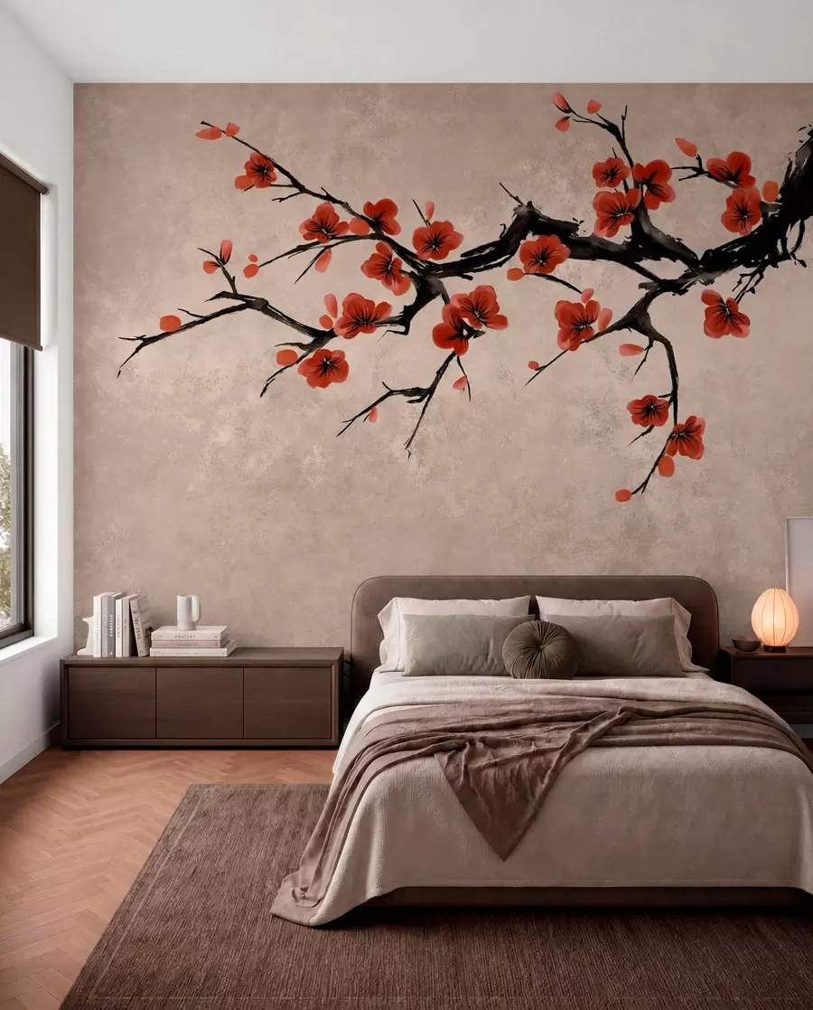 Fototapet En blommande gren i östlig stil på beige bakgrund w05425v4