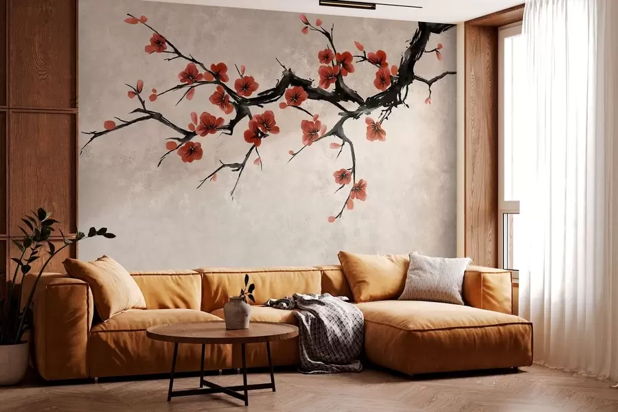Fototapet En blommande gren i östlig stil på beige bakgrund w05425v4