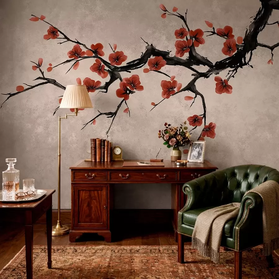 Fototapet En blommande gren i östlig stil på beige bakgrund w05425v4