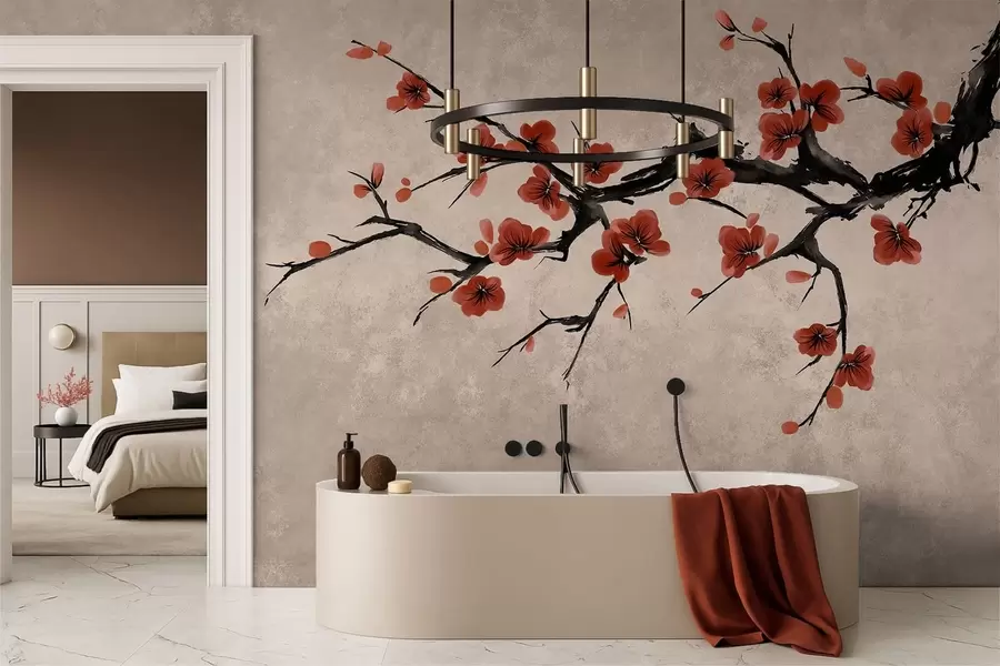 Fototapet En blommande gren i östlig stil på beige bakgrund w05425v4